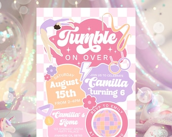 Editable Gymnastics Invitation Gymnastics Birthday Invite Preppy Retro Gymnastics Invitations Gymnastics Party Template Pink Girl Invitation