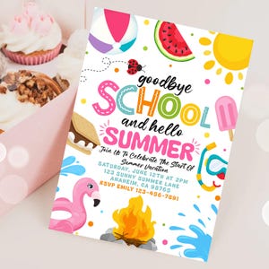 Plantilla de invitación para fiesta de fin de curso, despedida de clases, invitación para fiesta de verano, invitación para fiesta de verano bajo el sol, invitación editable para fiesta en la piscina
