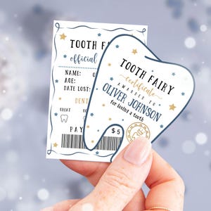 May include: Tooth fairy certificate with a blue tooth shape, gold stars, and the text "Tooth Fairy Certificate Awarded to Oliver Johnson for losing a tooth" and a $5 payment amount.