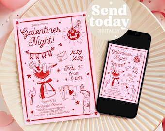 Digital Galentine's Day Invitation Galentine's Girls Night Party Invite Valentine's Day Coquette Hand Drawn Dinner Lunch Bow Electronic