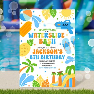 Water Slide Birthday Invitation, Water Slide Invitation, Summer Pool Party Invite, Splish Splash Boy Pool Party Invite, Waterslide Invite
