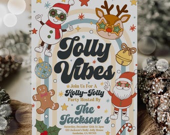 Bearbeitbare Groovy-Weihnachtsparty-Einladung Retro Groovy-Urlaubsparty Familie Weihnachten Geburtstag Winterparty Sofortiger Download Bearbeitbar