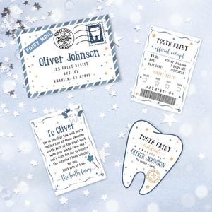May include: A set of three printable cards for a tooth fairy. The cards are blue and white with gold stars and a tooth design. The cards include a tooth fairy mail envelope, a tooth fairy receipt, and a tooth fairy certificate. The text on the cards reads "Tooth Fairy Mail", "Tooth Fairy Official Receipt", and "Tooth Fairy Certificate".
