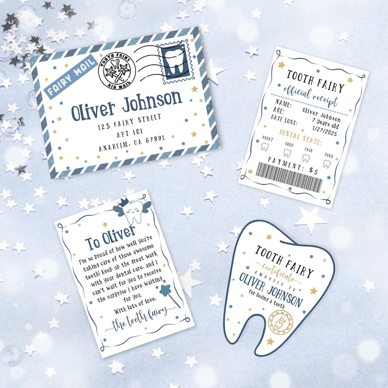 May include: A set of three printable cards for a tooth fairy. The cards are blue and white with gold stars and a tooth design. The cards include a tooth fairy mail envelope, a tooth fairy receipt, and a tooth fairy certificate. The text on the cards reads "Tooth Fairy Mail", "Tooth Fairy Official Receipt", and "Tooth Fairy Certificate".