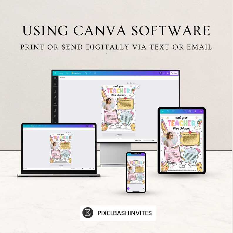 May include: An advertisement for a Canva software product. The image shows a design displayed on a laptop, desktop computer, tablet, and smartphone. The text reads "USING CANVA SOFTWARE" and "PRINT OR SEND DIGITALLY VIA TEXT OR EMAIL."