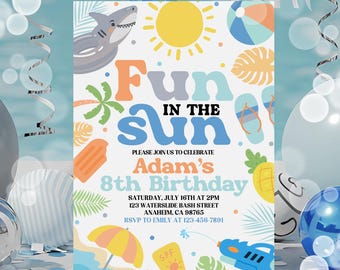 Editable Fun In The Sun Birthday Party Invitation, Tropical Summer Boy Shark Pool Party Invite, Summer Boy Birthday Invite, Boy Pool Party