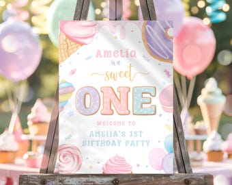 Sweet One Candy Pastel Welcome Sign, Editable Sweet One Poster Template | Pastel Candy Sweets Donut Sweet One Poster Editable Template