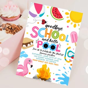 Plantilla de invitación para fiesta de fin de curso, despedida de clases, invitación para fiesta de verano, invitación para fiesta de verano bajo el sol, invitación editable para fiesta en la piscina