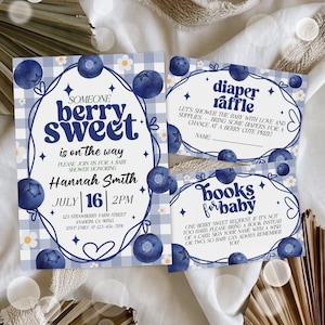 Blue Gingham Berry Sweet Baby Shower Bundle, Berry Sweet Baby Shower Invitation, Blueberry Baby Editable Shower Invitation Template