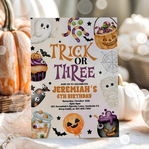 Trick or Three Invitation, Kids 3rd Birthday Halloween Party Invitation Template, Trick or Treat Invite, Halloween 3rd Birthday Invite
