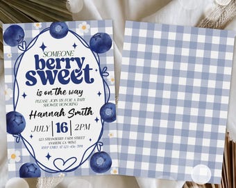 Blue Gingham Berry Sweet Baby Shower Template, Berry Sweet Baby Shower Invitation, Blueberry Baby Editable Shower Invitation Template