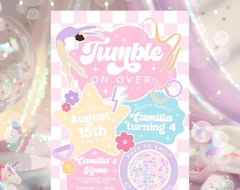 Editable Gymnastics Invitation Gymnastics Birthday Invite Preppy Retro Gymnastics Invitations Gymnastics Party Template Pink Girl Invitation