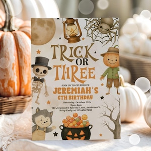 Trick or Three Invitation, Kids 3rd Birthday Halloween Party Invitation Template, Trick or Treat Invite, Halloween 3rd Birthday Invite