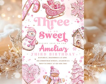 Three Is So Sweet Invite | Girl Christmas Cookie Third Birthday Invitation | Cookie Decorating Baking Invitation | Third Birthday Invite