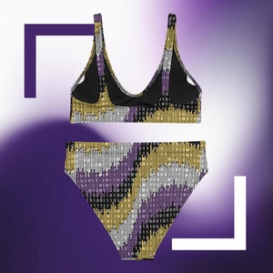 May include: A black and purple bikini with a yellow and white binary code pattern. The bikini top has a scoop neck and adjustable straps. The bikini bottom is a high-waisted style.