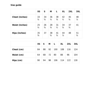 May include: Size guide chart with measurements in inches and centimeters for chest, waist, and hips. Sizes range from XS to 3XL.