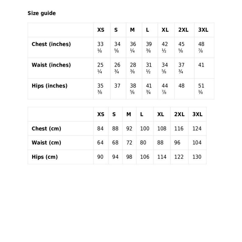 May include: Size guide chart with measurements in inches and centimeters for chest, waist, and hips. Sizes range from XS to 3XL.