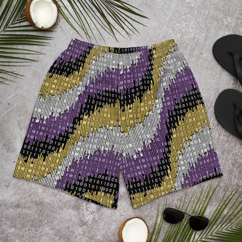 May include: Purple, gold, and white patterned men's swim trunks with a binary code design.