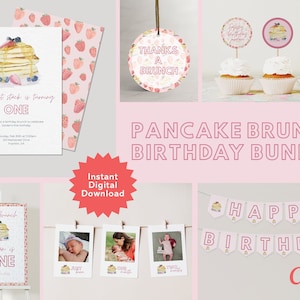 First Birthday Brunch Theme Bundle with Invitation Template - Pink Canva Digital Download