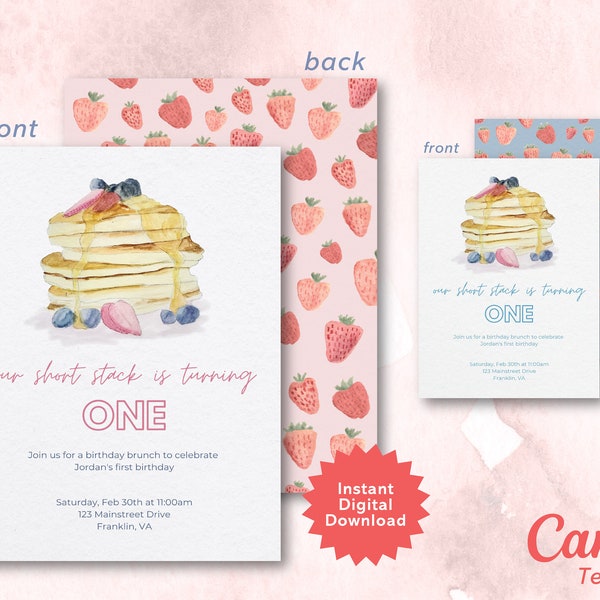 Pancake Brunch First Birthday Party Invitation - Instant Digital Download to Customize With Canva