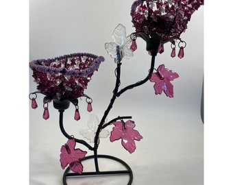 Purple Candelabra 1970's Boho Decor Beaded Lucite/Plastic/Non flame candles/