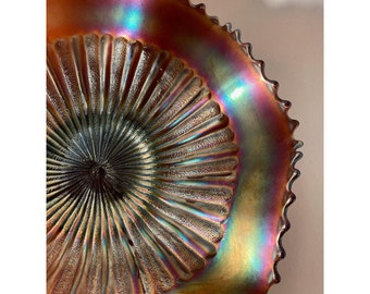 Northwood Amethyst Carnival Glass Stripled Rays Ruffled 9 inch