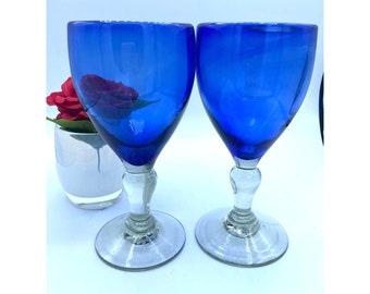 Vintage Hand Blown Mexican Cobalt Blue Clear Heavy Botton Wine Glasses/Set of 2