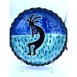 Southwestern Kokopelli Pottery Plate Dish Dark Blue Signed Hand Painted Art