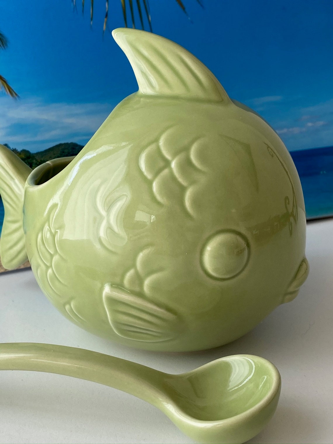 Vintage Chantal Ceramic Green Fish Bowl with Serving Spoon. Etsy