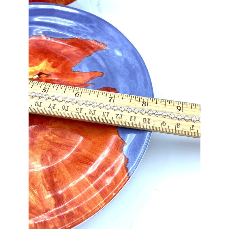 Pode incluir: Um prato decorativo com um desenho floral vermelho e laranja sobre um fundo azul. Um colar de corrente prateada &eacute; medido com uma r&eacute;gua. O colar tem aproximadamente 18 cm de comprimento.