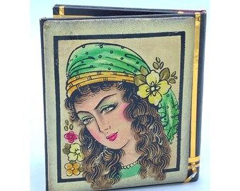 Leather Art Deco Hand Painted Girl Compact Mirror/Original Mirror /Boho Vintage