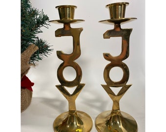 Vintage Brass Joy Candlesticks/Set of 2