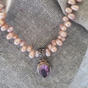 Freshwater Pearl Necklace with 925 sterling FNA Amethyst colored stone Pendant