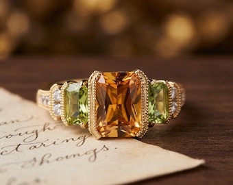 Anillo de diamantes, citrino y peridoto de inspiración vintage – Pieza llamativa en oro amarillo de 14k