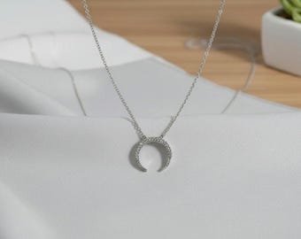 Sterling Silver Crescent Moon Necklace with Zircon | Celestial Minimalist Jewelry