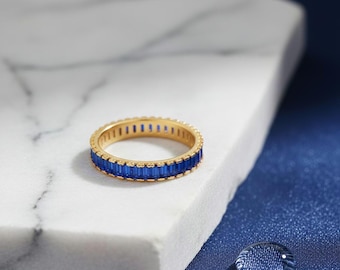 18K Gold Plated Baguette Birthstone Eternity Ring | Stackable, Minimalist Gemstone Band