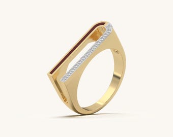 Modern Gold Geometric Ring with Pavé Zircon | Minimal Statement Ring for Women