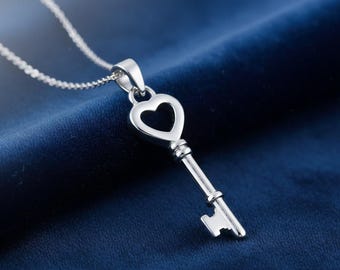 925 Sterling Silver Heart Key Pendant Necklace – Minimalist Dainty Love Jewelry