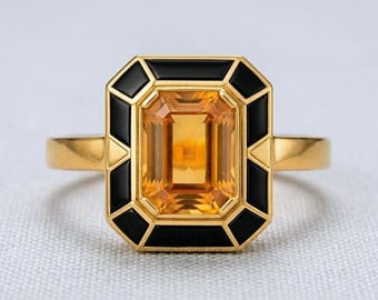 Anillo Art Déco de citrino con esmalte negro, anillo de oro con citrino talla esmeralda, anillo llamativo de estilo vintage, regalo minimalista de joyería fina para ella.
