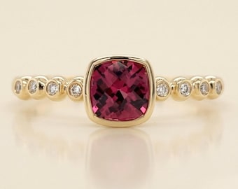 Cushion Cut Rhodolite Garnet Ring | Diamond Accents Gold Bezel, January Birthstone Engagement