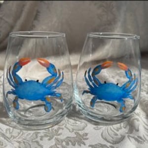 Beach hand painted wine glasses, stemless wine glasses, crab, flip flops, sailboat, mermaid, anchor, beach home decor, beach gifts