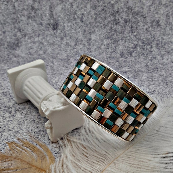 Bracelet manchette en perles  "Mosaic" turquoise, personnalisable