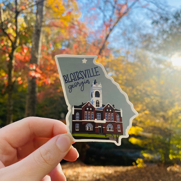 Blairsville Georgia courthouse sticker that is waterproof, weatherproof, and dishwasher safe