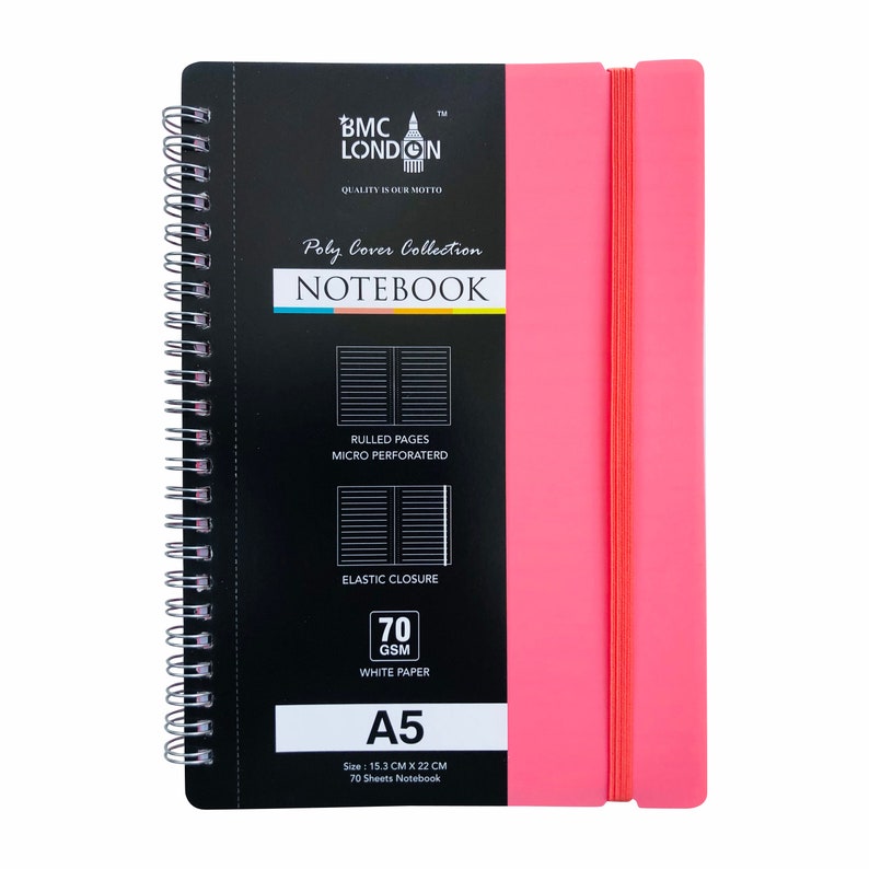 A5 Notebook Spiral Poly Pastel Banded Twin wire Lined Ruled Notepad Journal Pink