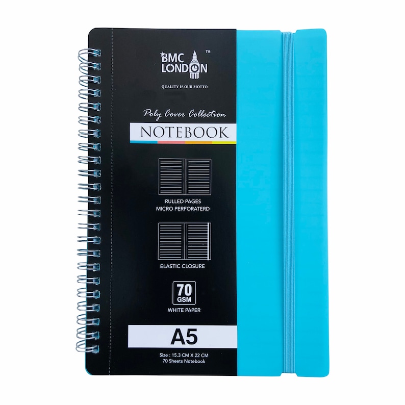 A5 Notebook Spiral Poly Pastel Banded Twin wire Lined Ruled Notepad Journal Blue
