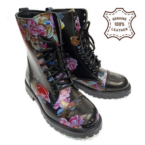 Echt leren gevechtslaarzen met veters, roze rozen, punk, goth, bloemenlaarzen, echte leren laarzen, rubberen zool, dames, klaar om te verzenden