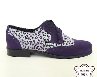 Dark purple Suede Shoes "Brogue" Style for women, leopard print. Rockabilly shoes. Swing shoes.