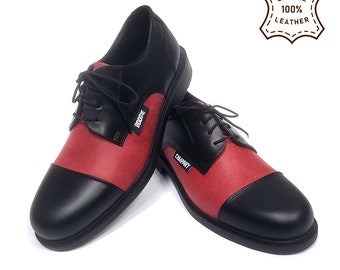 Rot-Schwarze Vintage Stil Brogue Schuhe, Flügelspitze Schuhe - aus echtem Leder . Sofort versandfertig