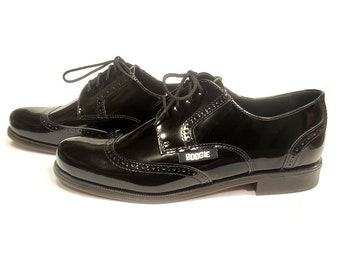 Black pantent leather wingtip or brogue shoes, rockabilly shoes, oxford shoes, swing dance shoes - ready to ship