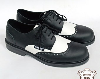 Flügelspitze Schwarz Weiße Schuhe, Rockabilly Schuhe, 50er Jahre Stil Boogie Schuhe, Brogues Herren Lederschuhe, Schuhe im Vintage Stil. Sofort versandfertig!
